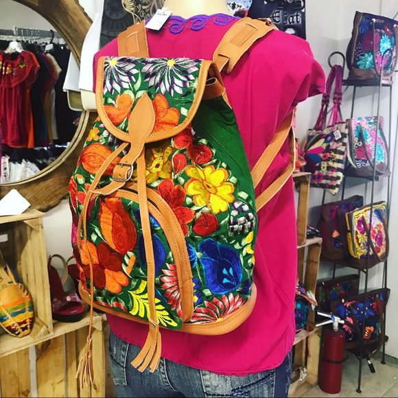 Cielito Lindo Handbags - Mexican Leather Embroidered Backpack Green Floral